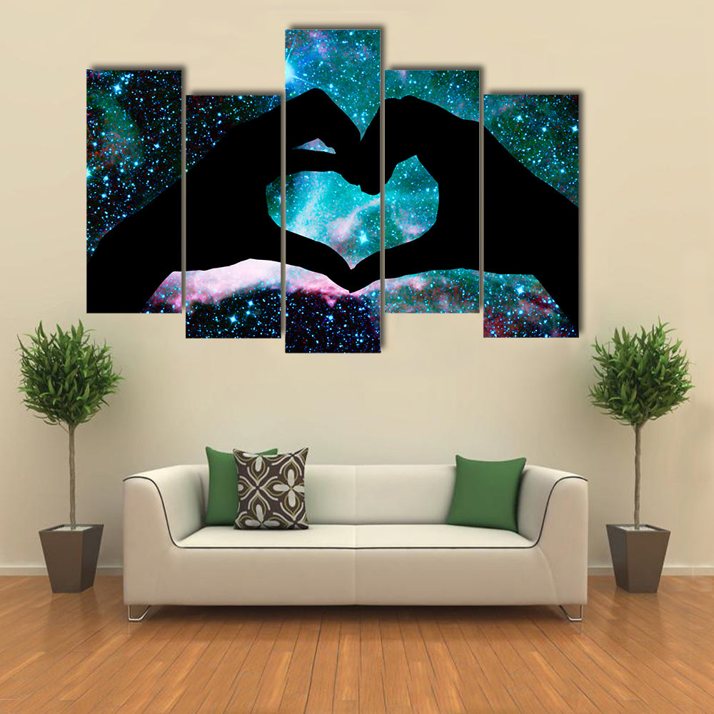 Hands in the shape of a heart, starry night background multi panel canvas wall art
