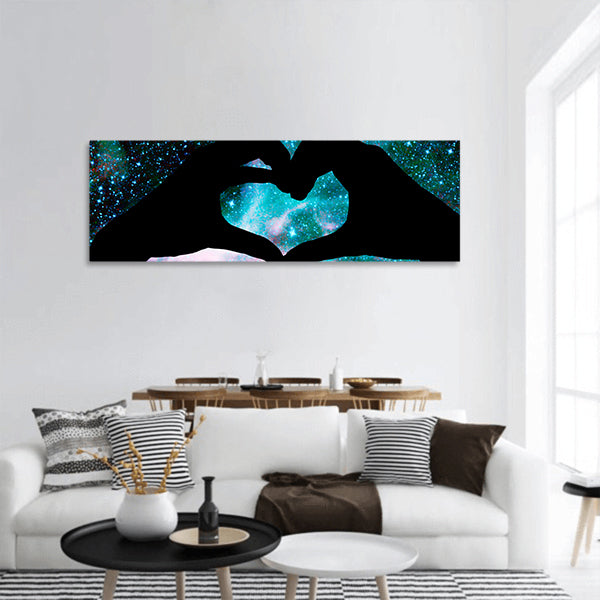 Hands in the shape of a heart, starry night background Panoramic canvas Wall Art