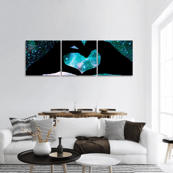 Hands in the shape of a heart, starry night background Panoramic canvas Wall Art