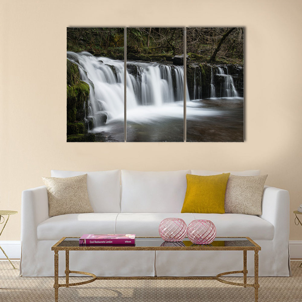 Beautiful waterfall landscape image in forest during Autumn Fall multi panel canvas wall art