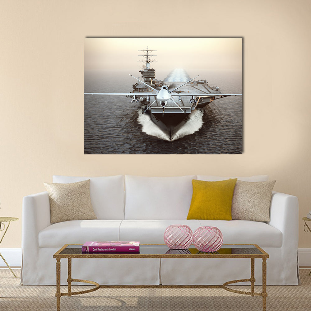 Military Drone aircraft launching from an aircraft carrier on a strike mission 3d rendering multi panel canvas wall art