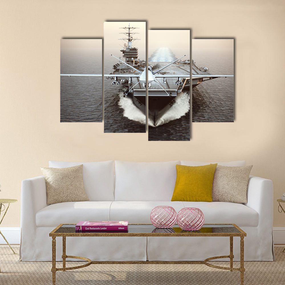 Military Drone aircraft launching from an aircraft carrier on a strike mission 3d rendering multi panel canvas wall art
