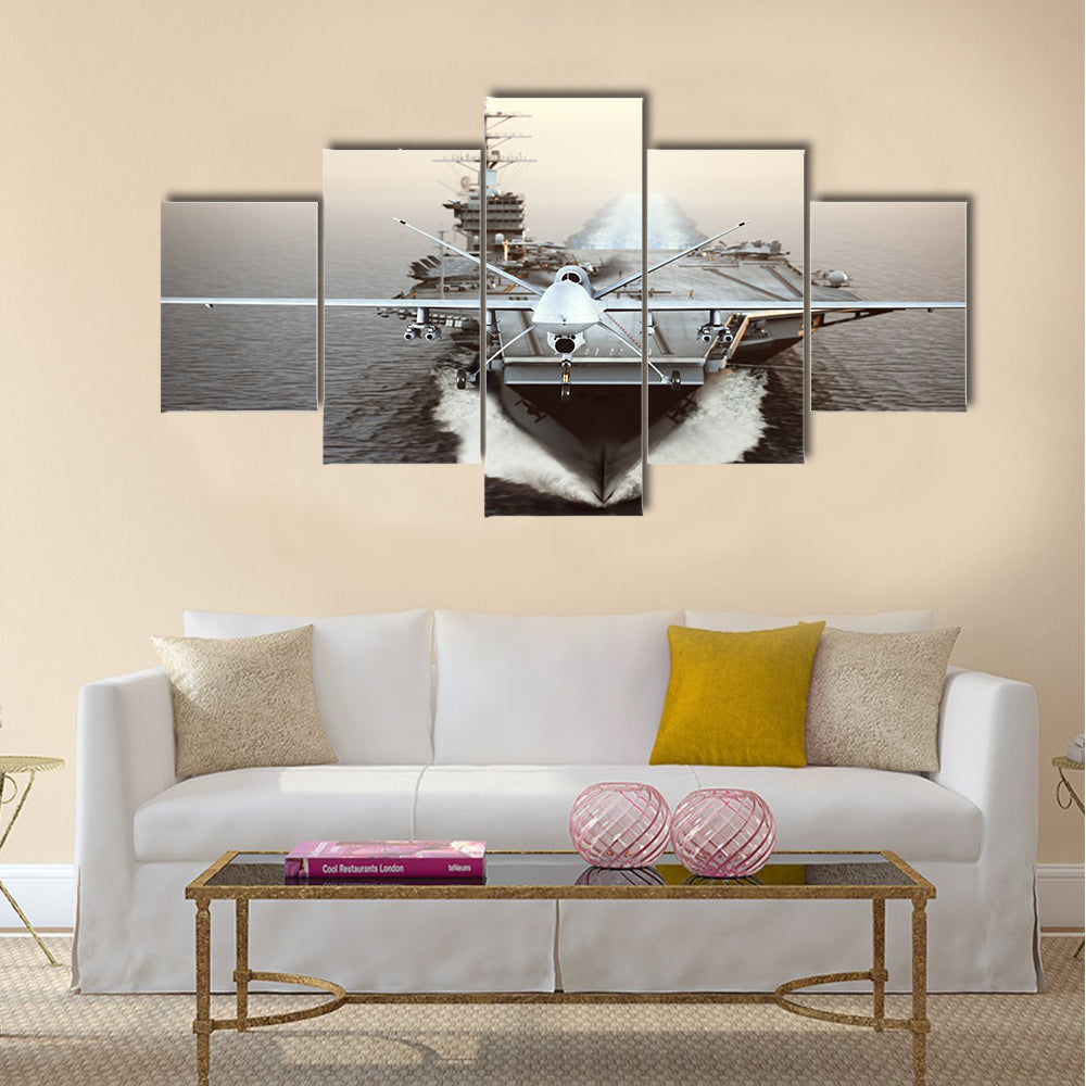 Military Drone aircraft launching from an aircraft carrier on a strike mission 3d rendering multi panel canvas wall art