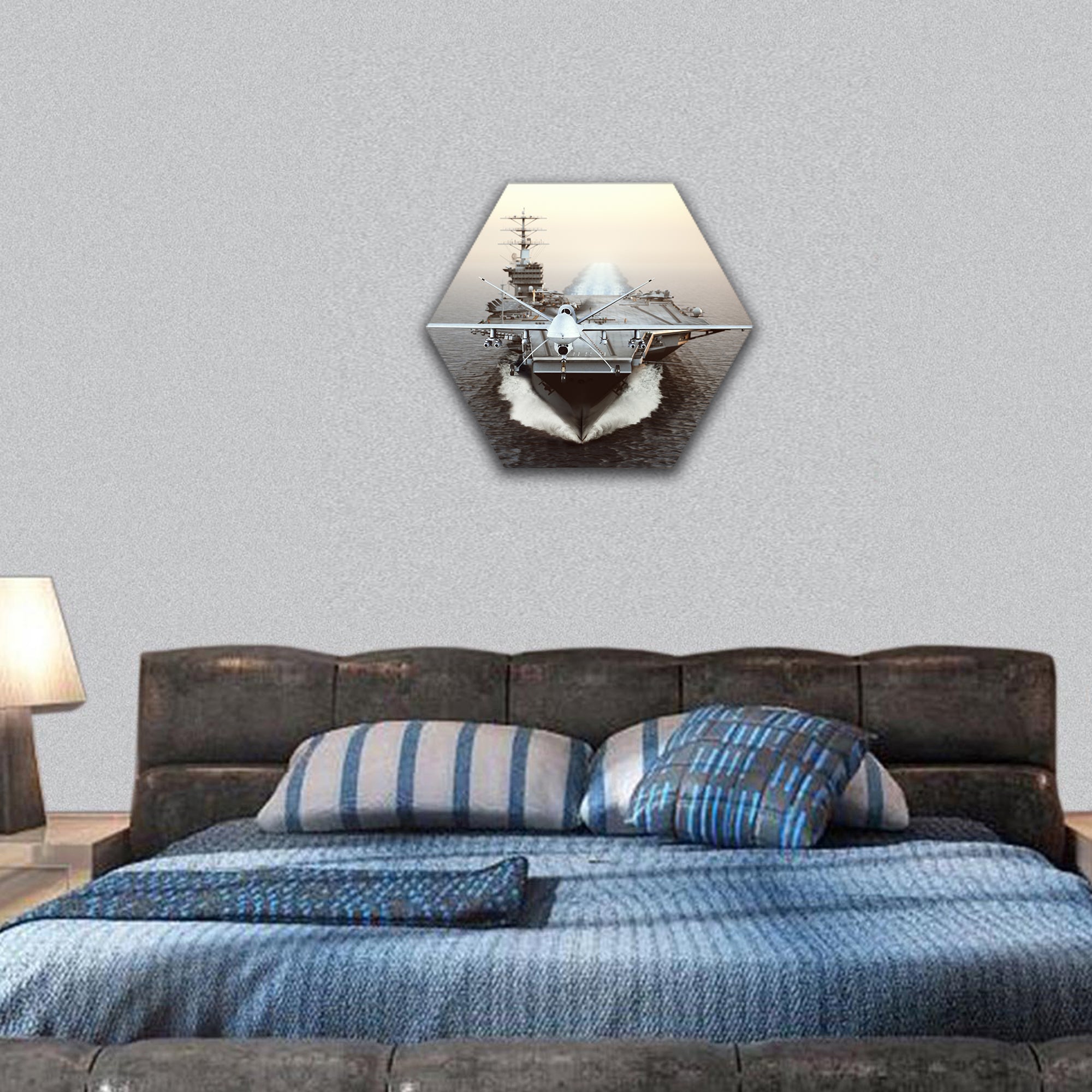 Military Drone aircraft launching from an aircraft carrier hexagonal canvas wall art
