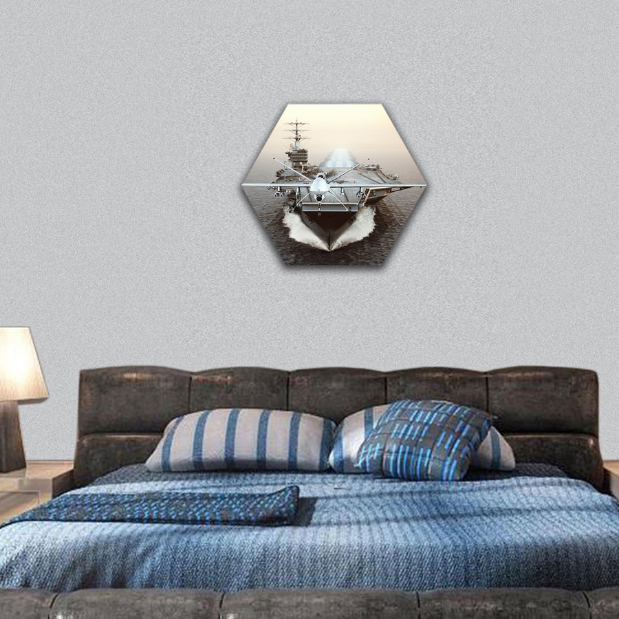 Military Drone aircraft launching from an aircraft carrier hexagonal canvas wall art