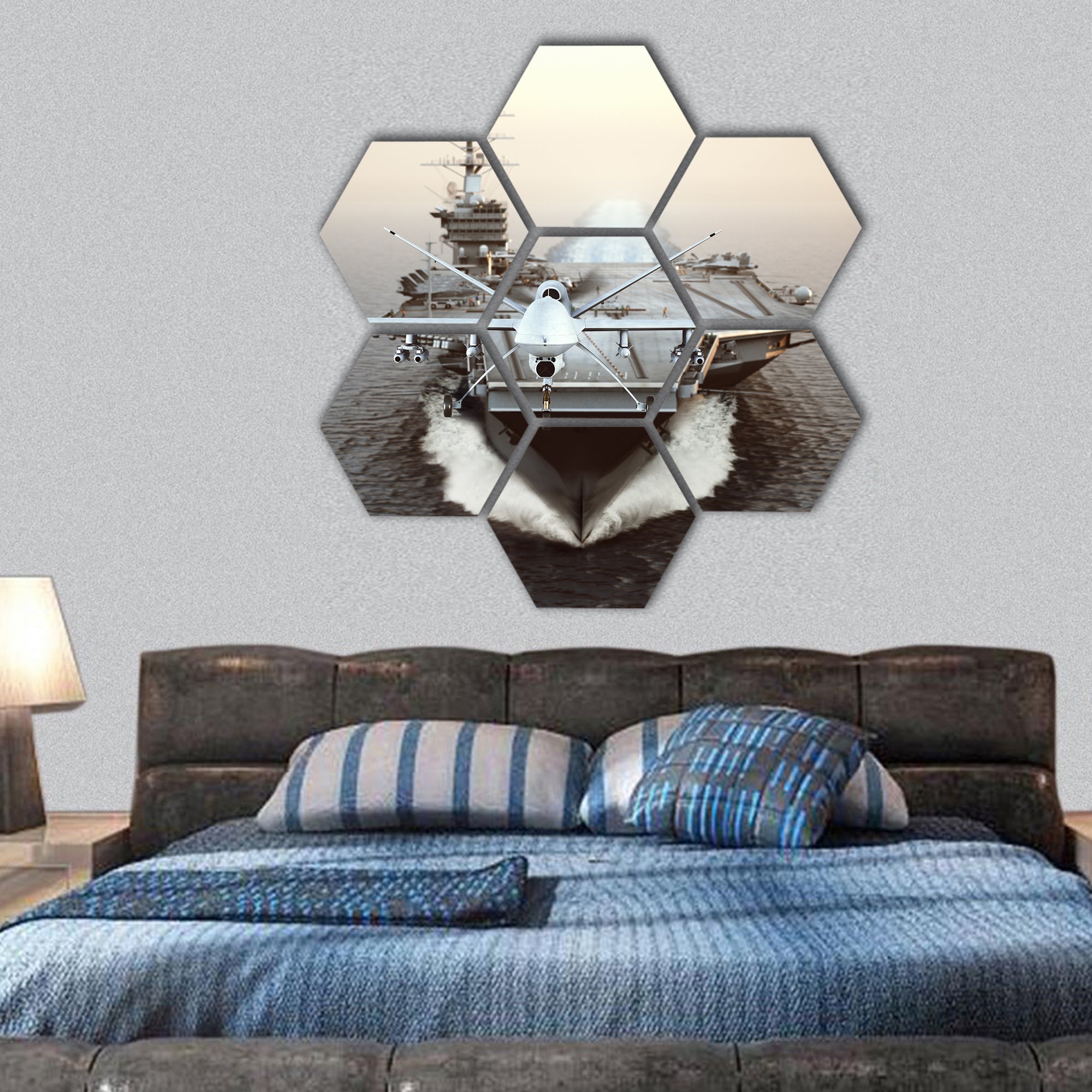 Military Drone aircraft launching from an aircraft carrier hexagonal canvas wall art