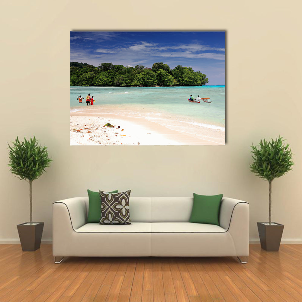 Vanuatu boys cross by foot and boat at low tide the channel over the sand bar Multi panel canvas wall art