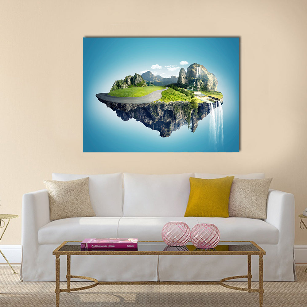 Magic Island with Floating Islands, Water Fall and Field Multi Panel Canvas Wall Art