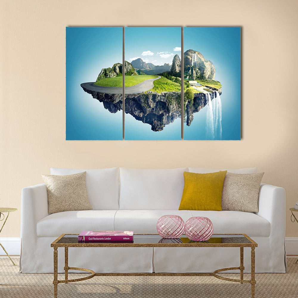 Magic Island with Floating Islands, Water Fall and Field Multi Panel Canvas Wall Art