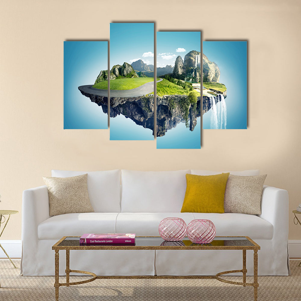 Magic Island with Floating Islands, Water Fall and Field Multi Panel Canvas Wall Art