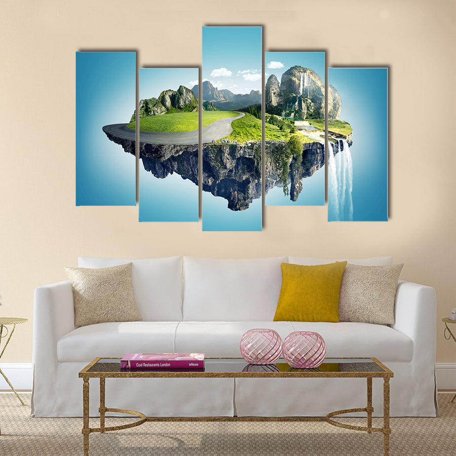 Magic Island with Floating Islands, Water Fall and Field Multi Panel Canvas Wall Art