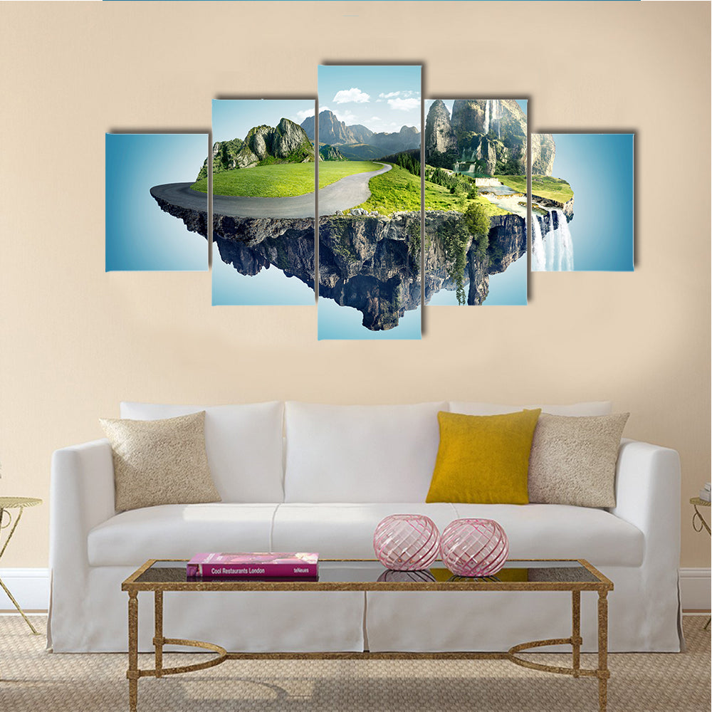 Magic Island with Floating Islands, Water Fall and Field Multi Panel Canvas Wall Art