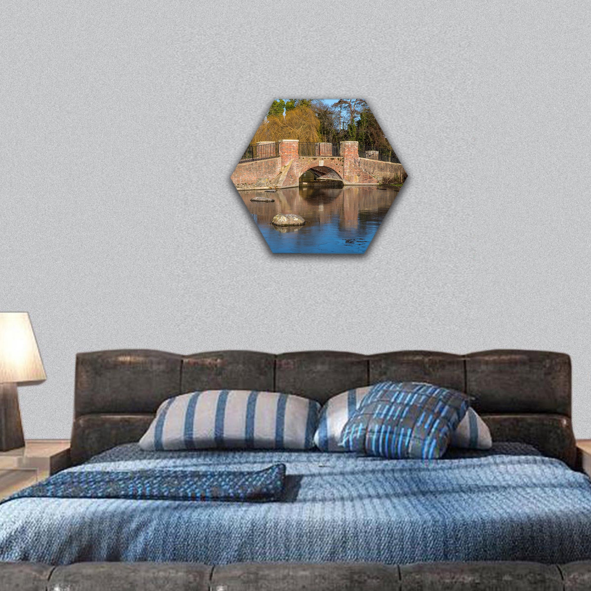 bridge over the lake in Verulamium Park hexagonal canvas wall art