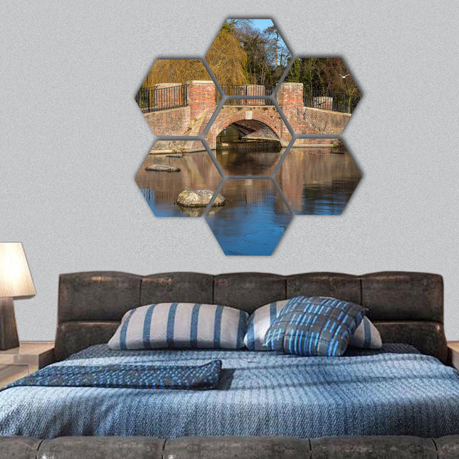 bridge over the lake in Verulamium Park hexagonal canvas wall art