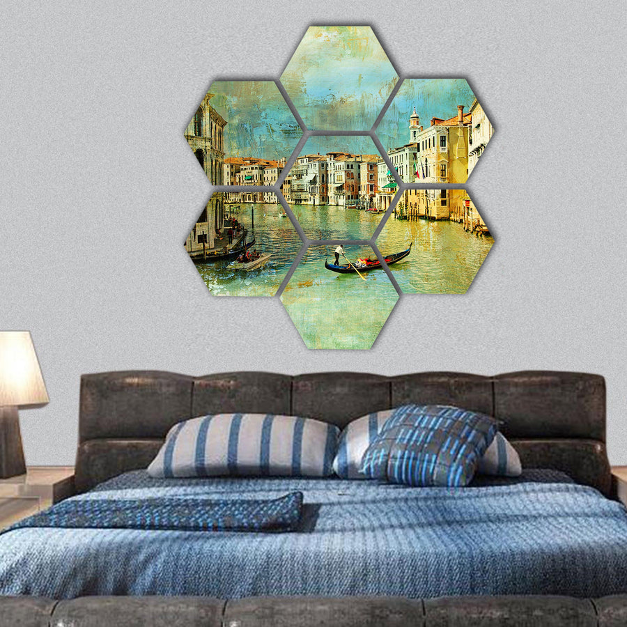 Pictorial Venice in painting style hexagonal canvas wall art