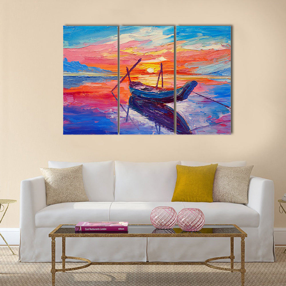 An Oil Painting, Fishing Boats At Sea Multi Panel Canvas Wall Art