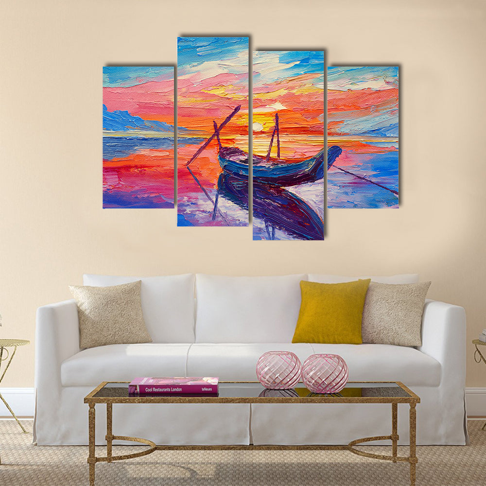 An Oil Painting, Fishing Boats At Sea Multi Panel Canvas Wall Art