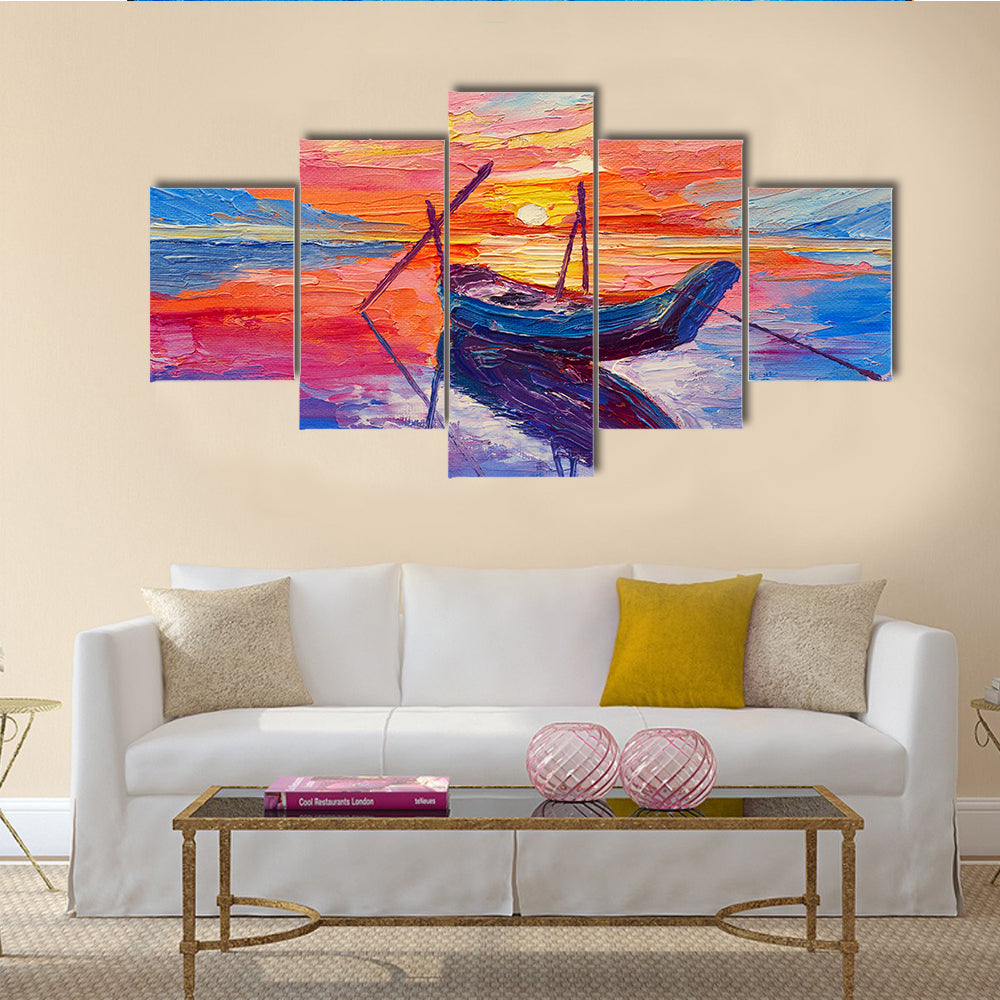 An Oil Painting, Fishing Boats At Sea Multi Panel Canvas Wall Art