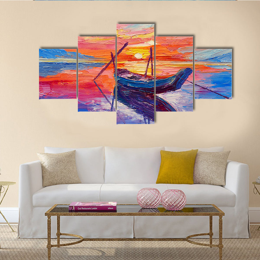 An Oil Painting, Fishing Boats At Sea Multi Panel Canvas Wall Art