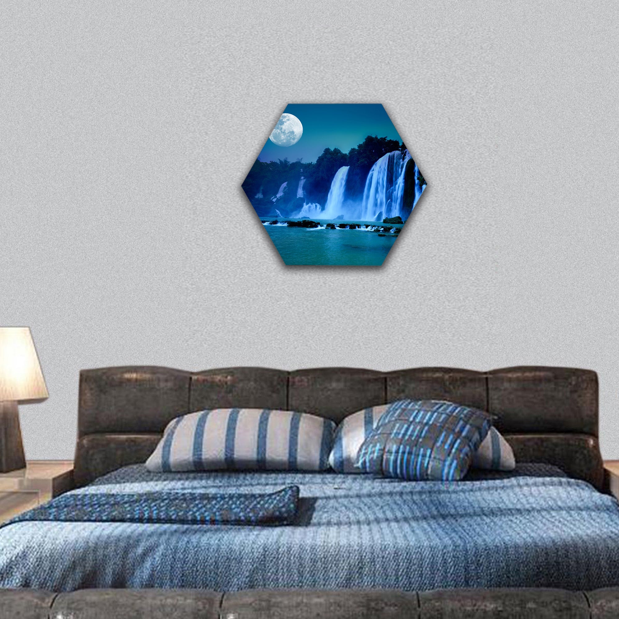Waterfall under moonlight at night time hexagonal canvas wall art