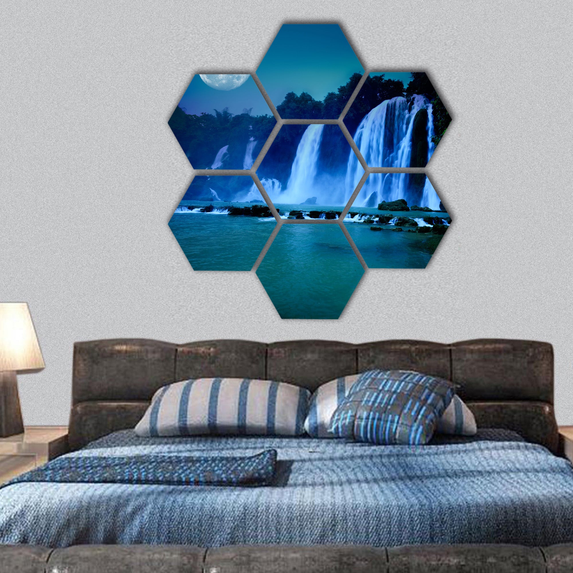 Waterfall under moonlight at night time hexagonal canvas wall art
