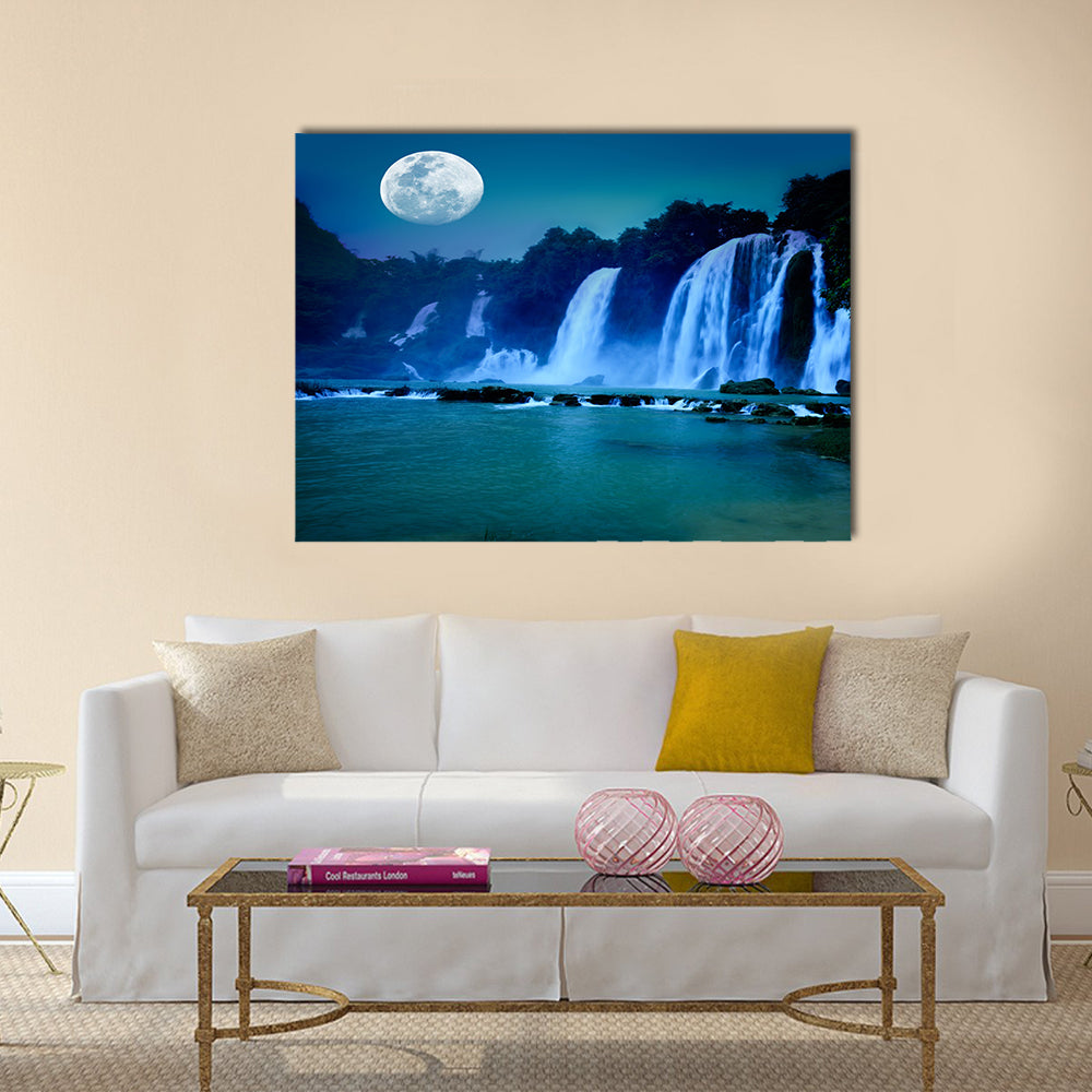 Beautiful waterfall under moonlight at night time Multi Panel Canvas Wall Art