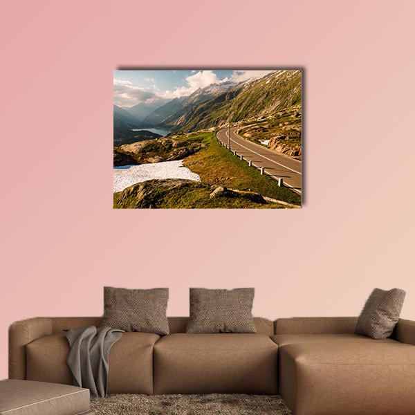 Summer view of Grimselpass with road, Alps and Raterichsbodensee wall art