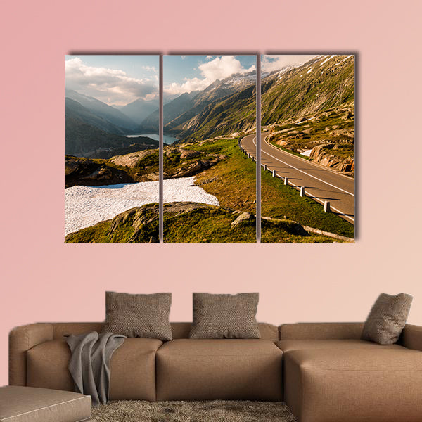Summer view of Grimselpass with road, Alps and Raterichsbodensee wall art