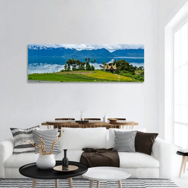 Traditional house with iconic roof Maninjau Lake in Indonesia Panoramic canvas Wall Art