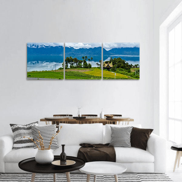 Traditional house with iconic roof Maninjau Lake in Indonesia Panoramic canvas Wall Art