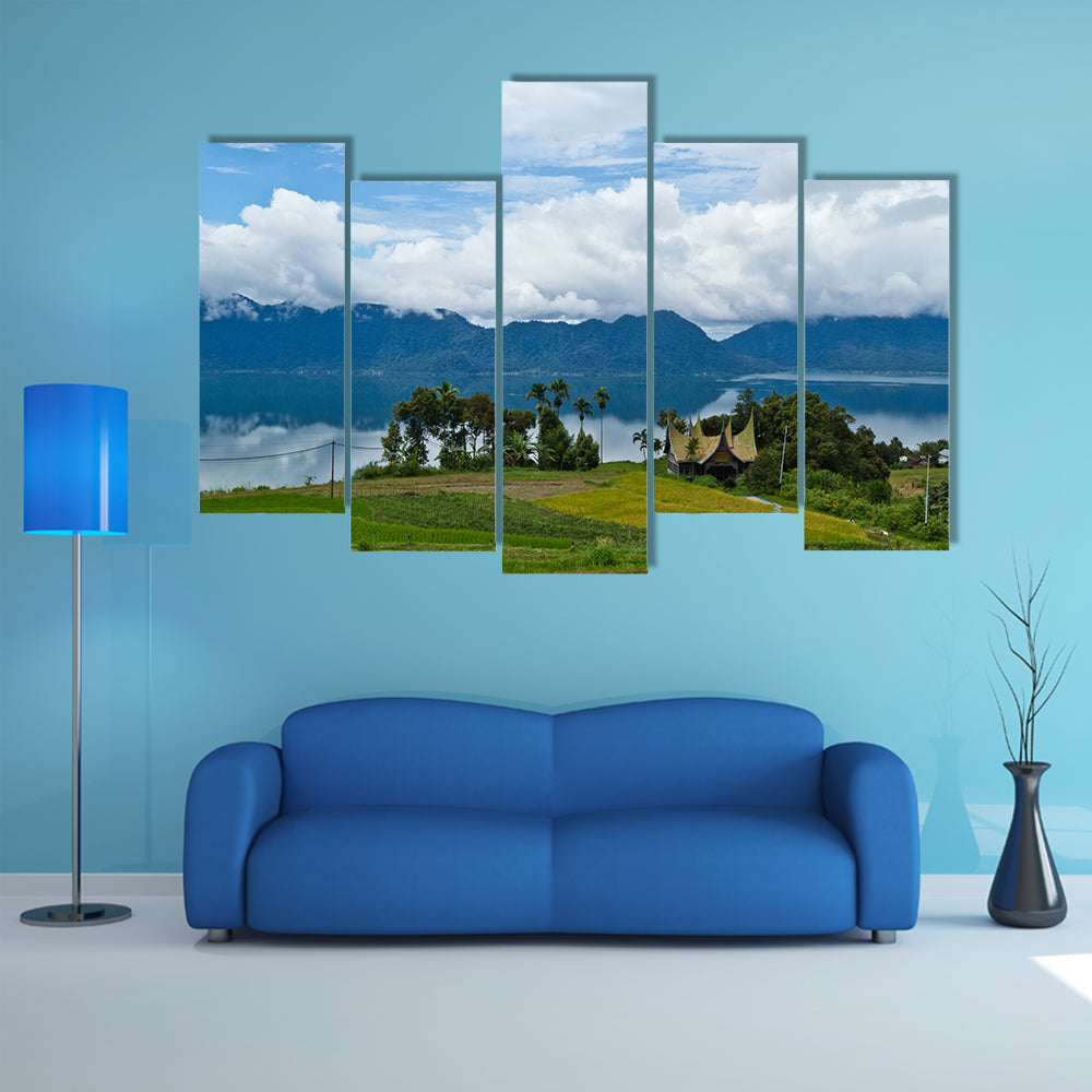 A traditional house with iconic Maninjau Lake in Bukit Tinggi Sumatera Indonesia multi panel canvas wall art
