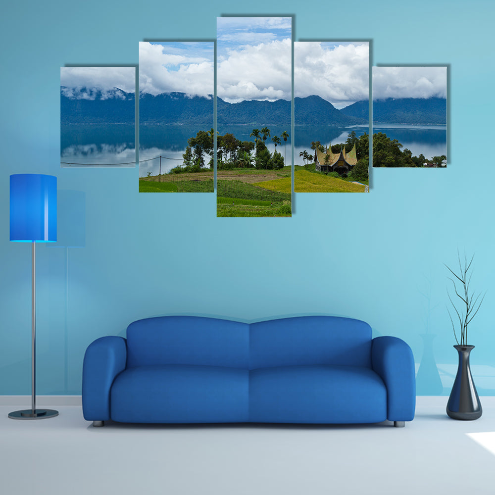 A traditional house with iconic Maninjau Lake in Bukit Tinggi Sumatera Indonesia multi panel canvas wall art