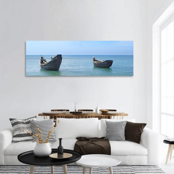 Fishing boats at shore of Saint Martins island of Bangladesh panoramic canvas wall art