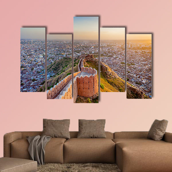 Aerial view of Jaipur from Nahargarh Fort at sunset multi panel canvas wall art