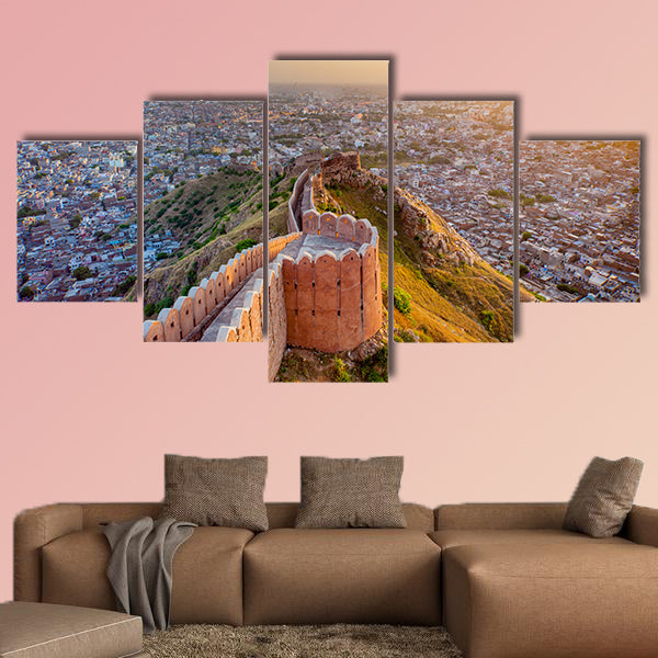 Aerial view of Jaipur from Nahargarh Fort at sunset multi panel canvas wall art