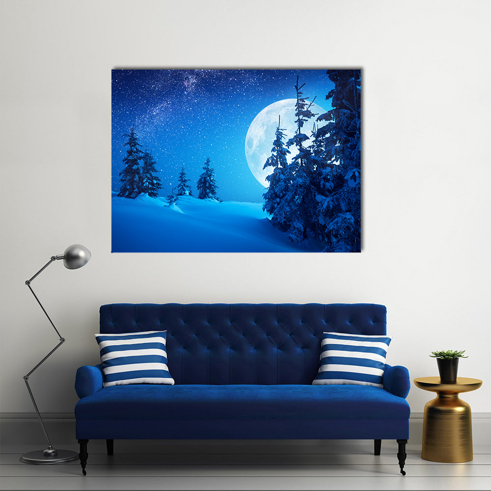 Full Moon Rising Above Winter Valley Covered In Snow Multi Panel Canvas Wall Art