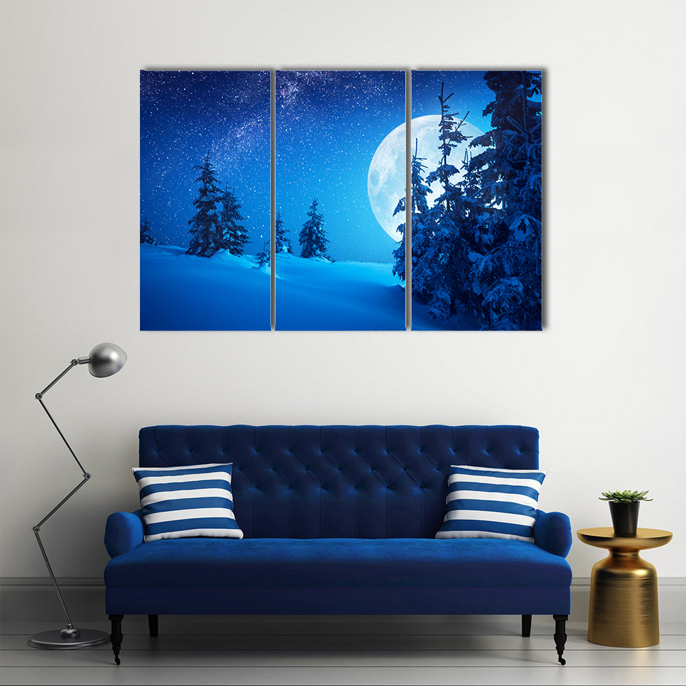 Full Moon Rising Above Winter Valley Covered In Snow Multi Panel Canvas Wall Art