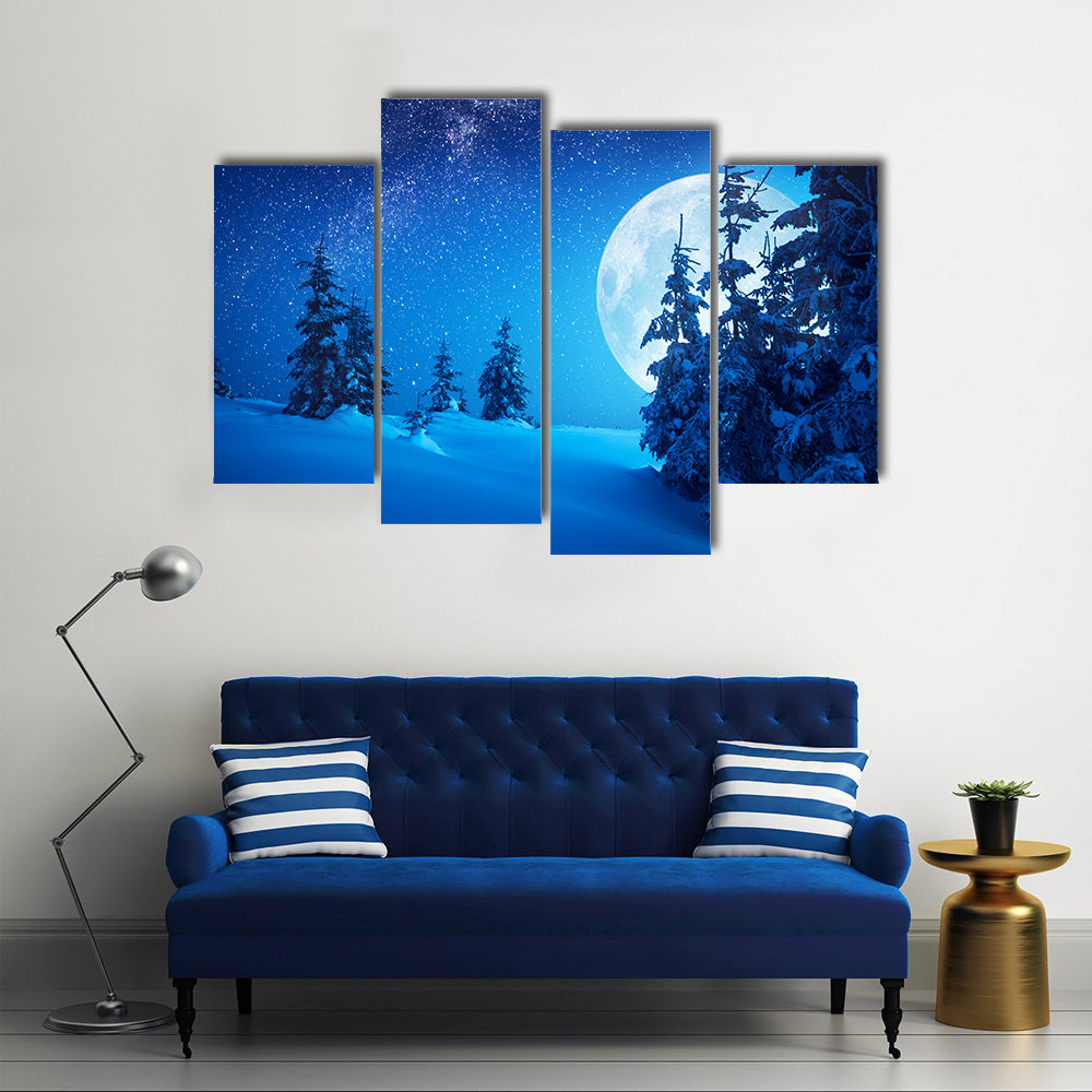 Full Moon Rising Above Winter Valley Covered In Snow Multi Panel Canvas Wall Art
