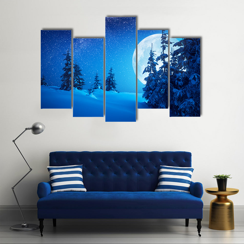 Full Moon Rising Above Winter Valley Covered In Snow Multi Panel Canvas Wall Art