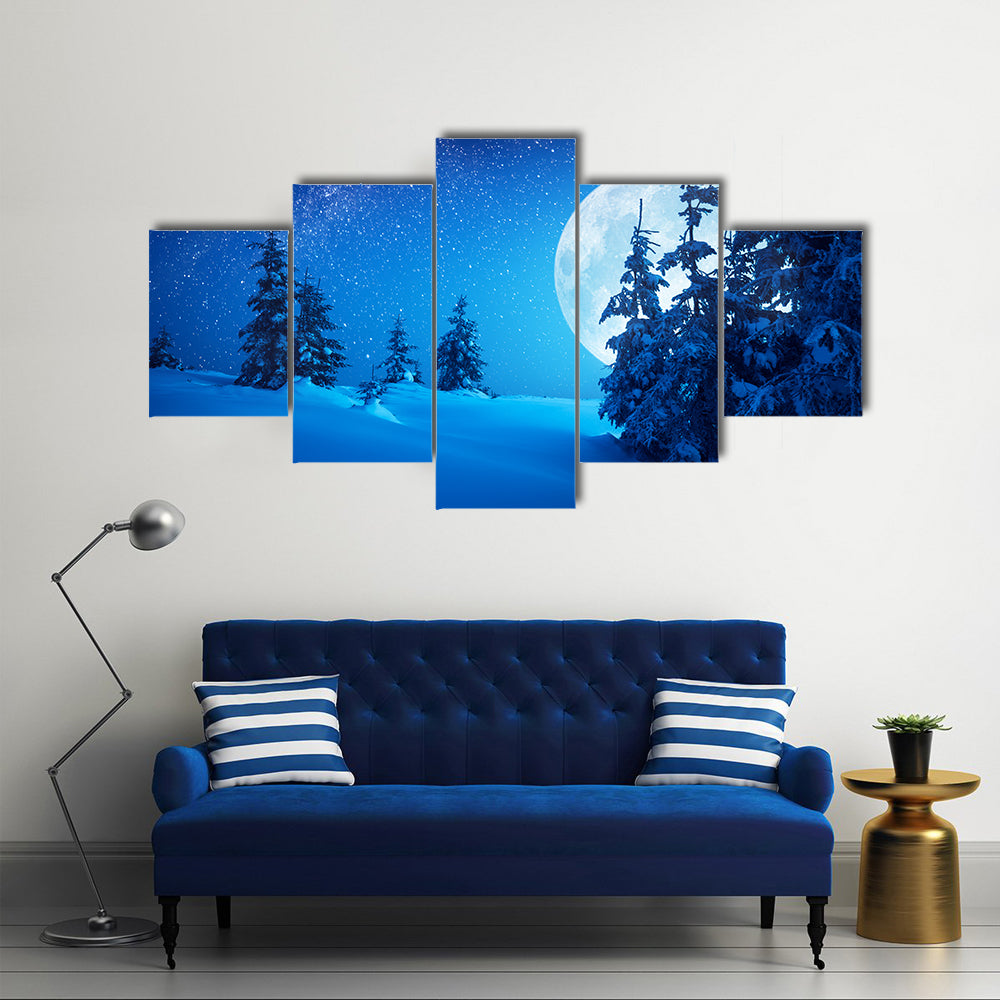Full Moon Rising Above Winter Valley Covered In Snow Multi Panel Canvas Wall Art