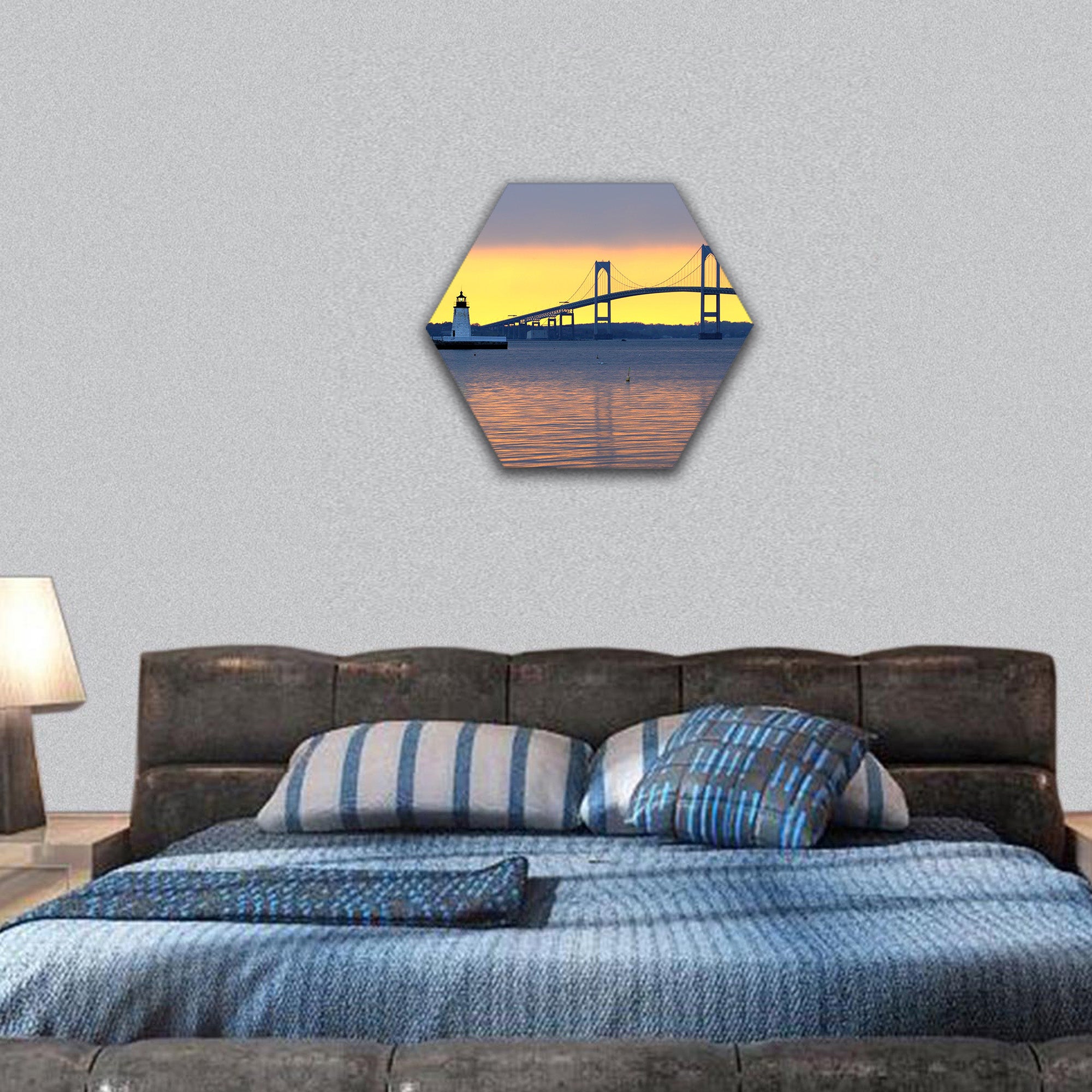 sunset over bridge and lighthouse , Rhode Island hexagonal canvas wall art