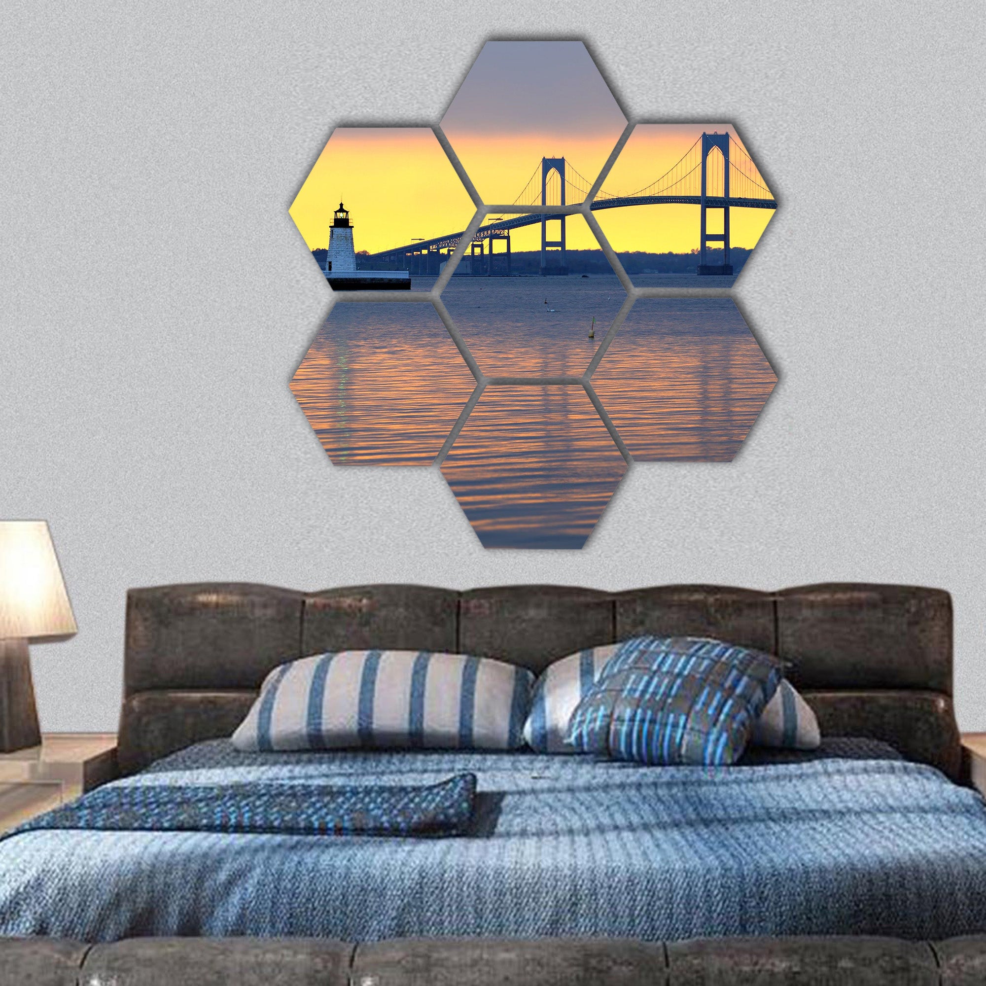sunset over bridge and lighthouse , Rhode Island hexagonal canvas wall art