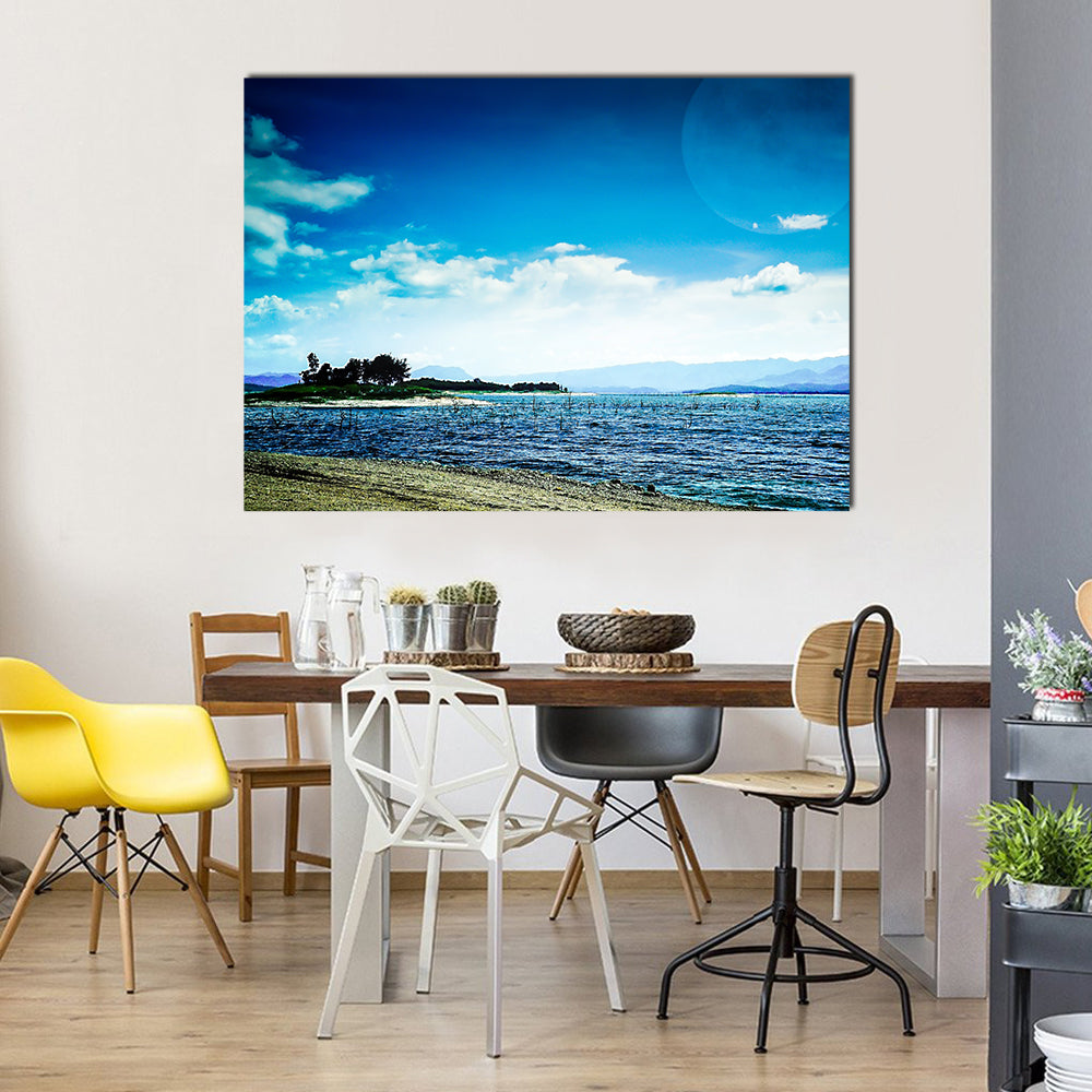 Super Moon With Lake On A Bright Blue Sky Multi Panel Canvas Wall Art