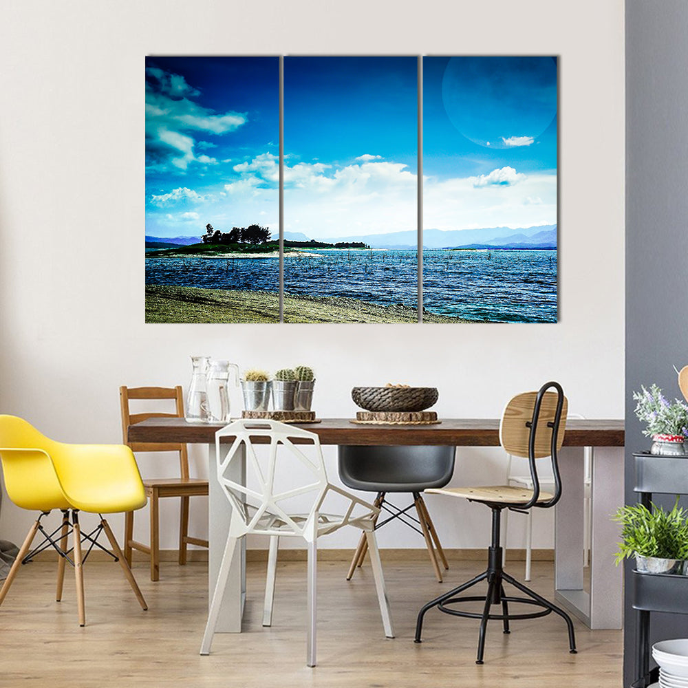 Super Moon With Lake On A Bright Blue Sky Multi Panel Canvas Wall Art