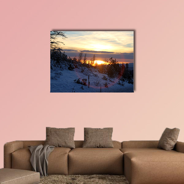 Sunset view from Shasta Road on Christmas day, snow covered slopes and pine trees, wall art