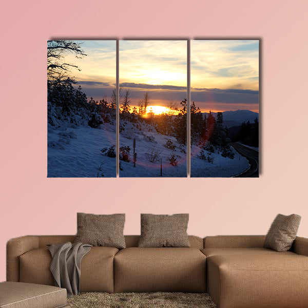 Sunset view from Shasta Road on Christmas day, snow covered slopes and pine trees, wall art