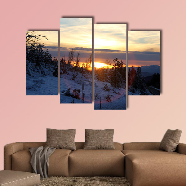 Sunset view from Shasta Road on Christmas day, snow covered slopes and pine trees, wall art