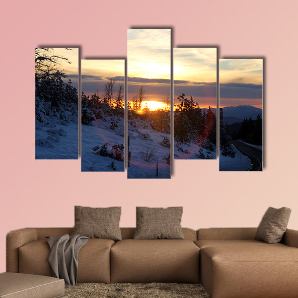 Sunset view from Shasta Road on Christmas day, snow covered slopes and pine trees, wall art