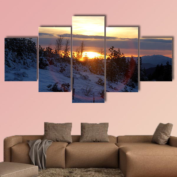 Sunset view from Shasta Road on Christmas day, snow covered slopes and pine trees, wall art