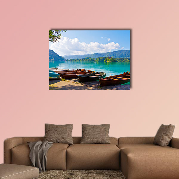 Landscape with boats at the pier of Bled Lake, on the Bled Island on the background Multi panel canvas wall art